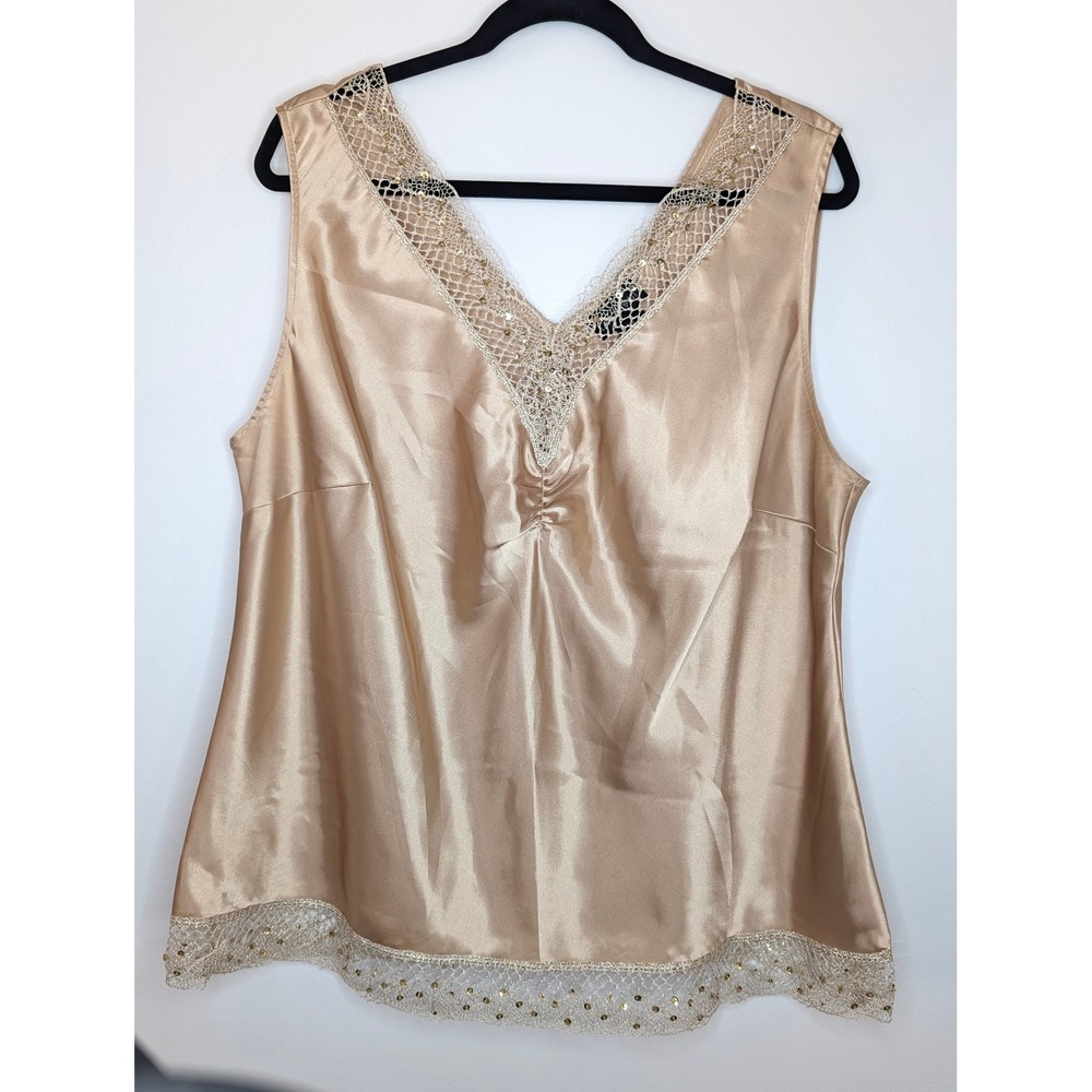 Lane Bryant Champagne Gold Satin Sequin Lace Trim V-Neck Camisole Top Plus Sz 18